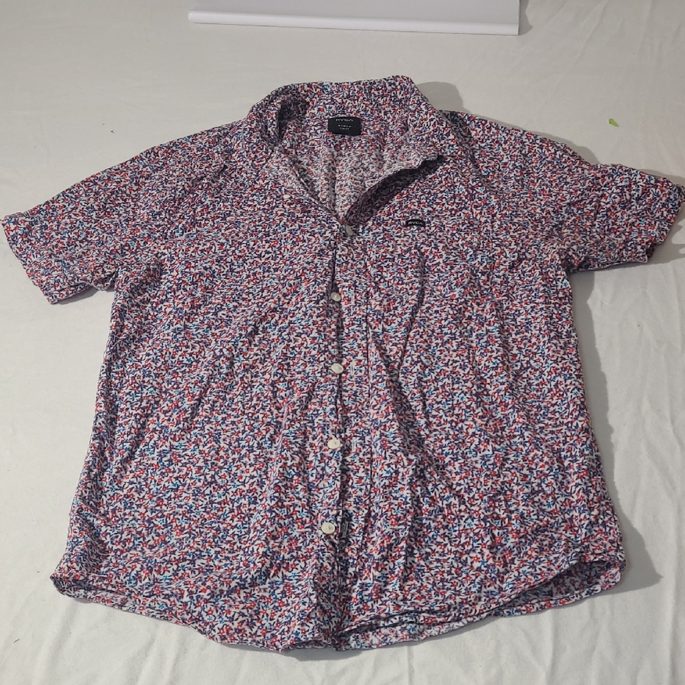 RVCA Red and Blue Patterned Casual Button Up- Slim Fit Mens M